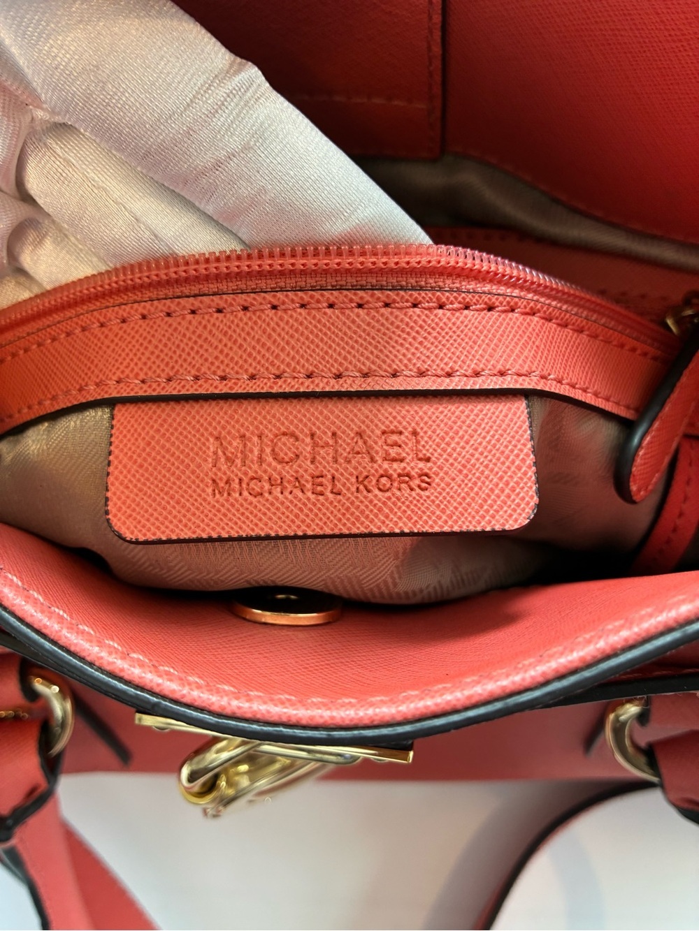 Michael Kors Hamilton Coral Pink Saffiano Leather Satchel Bag Gold Lock - Picture 9 of 9